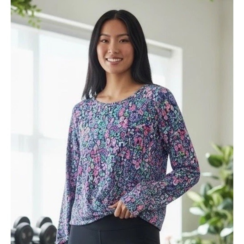 Lilly Pulitzer Luxletic Oden Top, Colorful Floral Long Sleeve Stretch Top XL
